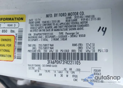 2015 Ford Fusion Se z USA, uszkodzony, nr VIN 3FA6P0H72FR221105